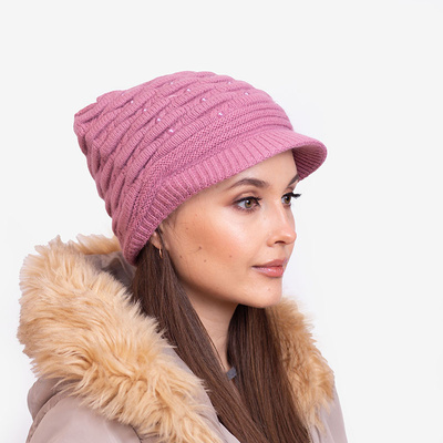 Dark pink ladies warm beanie with pearls - Accessories