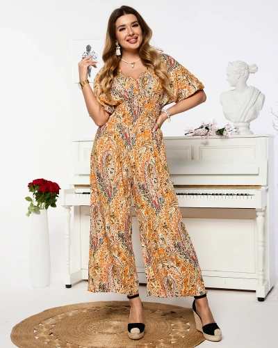 Women's patterned jumpsuit in orange - Clothing