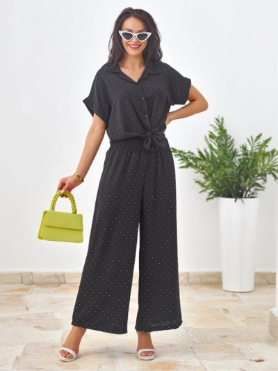 Royalfashion Sieviešu komplekts ar sasietu īsām piedurknēm un izplešamām biksēm ar rhinestone akmeņiem