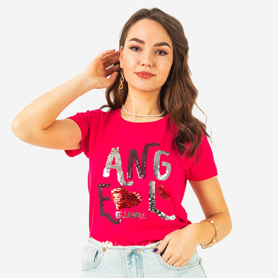 Fuchsia ladies t-shirt with sequin text - Clothing