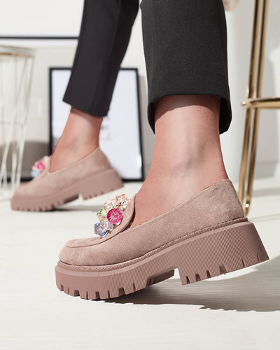 Light brown women's moccasins with colorful beads Hetika - Footwear