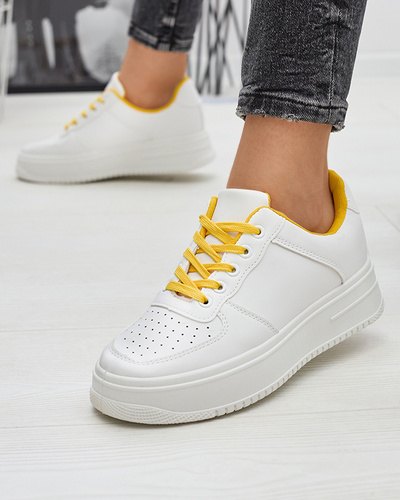 White women's sports sneakers with yellow laces Smaffo- Footwear