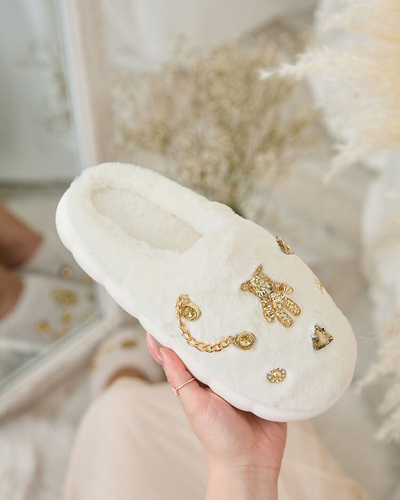 Royalfashion White women's fur slippers with ornaments Erserra