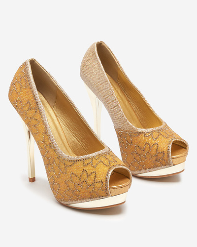 Gold women's brocade pumps with cubic zirconia Vida - Footwear