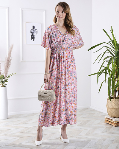 Pink women's midi dress with floral pattern- Clothing