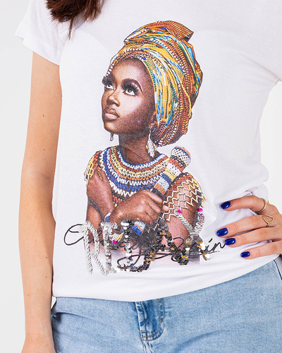 White women's t-shirt with colored print and sequins - Clothing