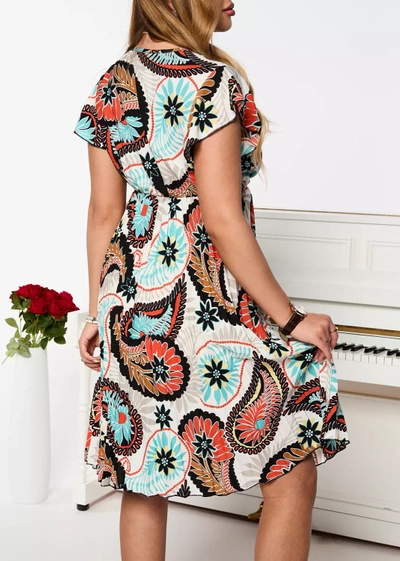 Women's white and black knee-length dress with print- Clothing