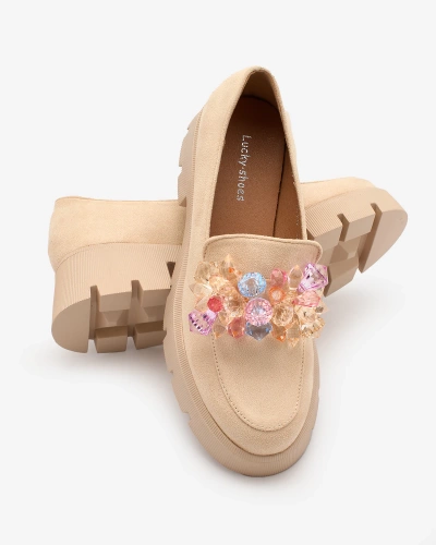 Royalfashion Beige women's moccasins with colorful crystals Crystal Glam