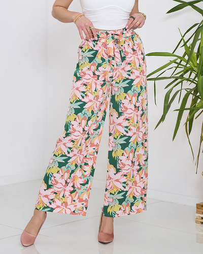 Women's green palazzo pants with pink flowers - Clothing