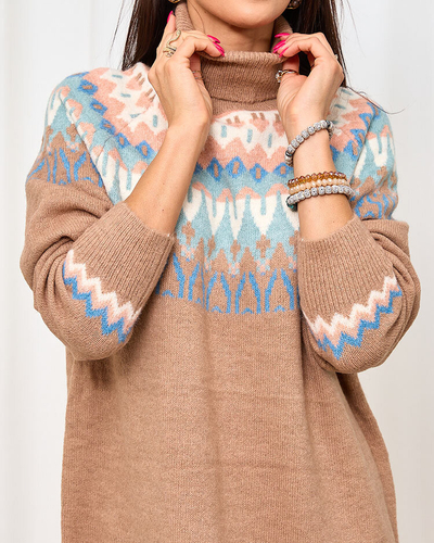 Royalfashion Brūna sieviešu džempera kleita ar augstu apkakli un apdruku