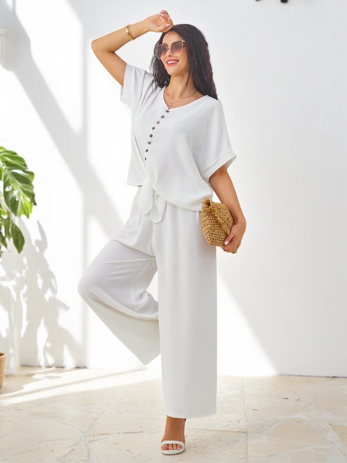 Royalfashion Sieviešu ikdienas komplekts ar īsām piedurknēm blūzi un platām biksēm