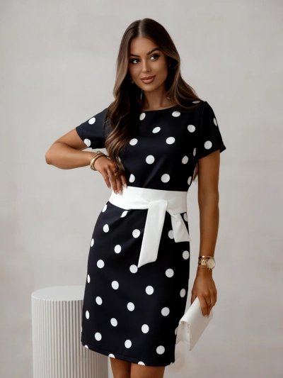 Платье до колена Royalfashion с короткими рукавами и галстуком в горошек