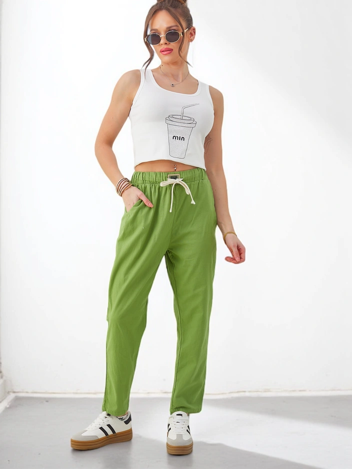 Royalfashion Women's plain cotton trousers with a tie at the waist