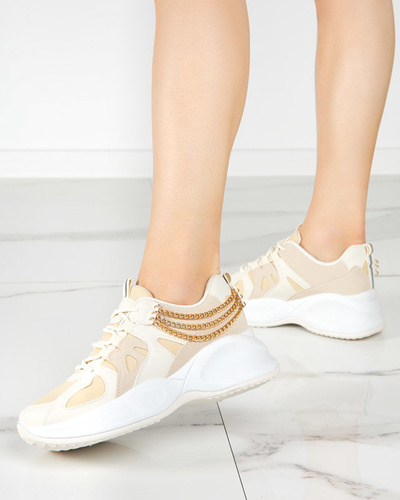 Ladies' beige sneakers with a hidden wedge and a Kermona chain - Footwear