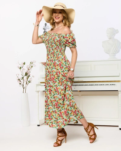 Green women's midi dress with floral pattern- Clothing