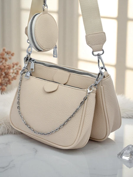 Perseida Multi Beige Leather Handbag with Chain and Pouch
