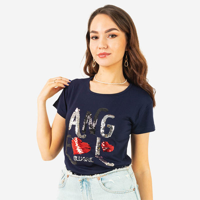 Navy blue ladies t-shirt with sequin text - Clothing