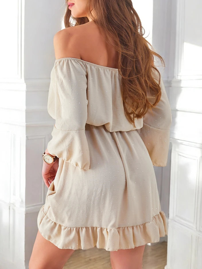 Royalfashion Women's mini dress off-the-shoulder with long sleeves and rhinestones