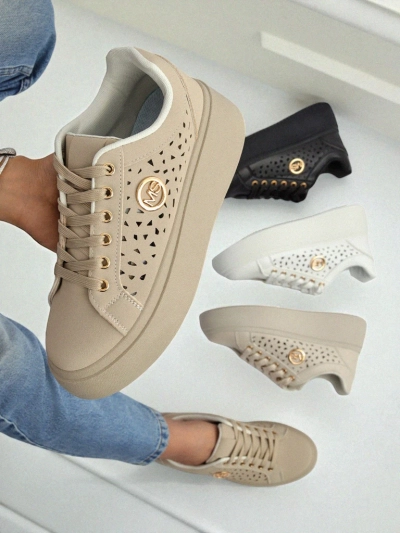 Cleo Ecru Platino – beżowe sneakersy na platformie Royalfashion skóra eko