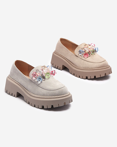 Light gray women's moccasins with colorful beads Hetika - Footwear