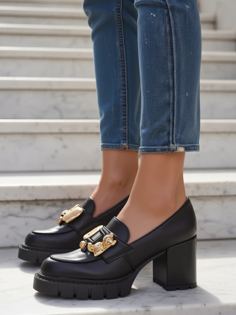 Sandale Dame Athina me Take të Trashë nga Lëkura Eko në Ngjyrë të Zezë