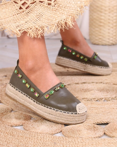 Women's espadrilles with crystals in khaki green - Footwear