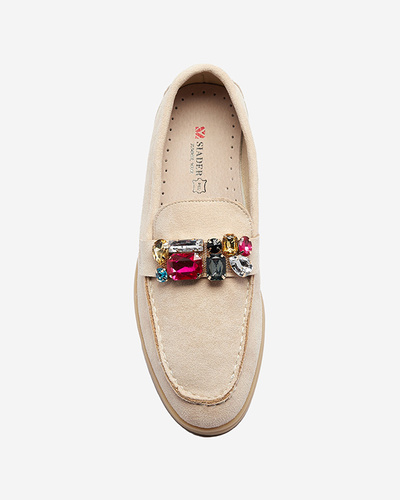 Eco suede beige women's moccasins with decorative crystals Nellens- Footwear