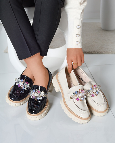 Black lacquered women's moccasins with ornament Leliab- Footwear