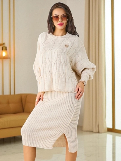 Royalfashion Акриловый оплетенный женский комплект с свитером и юбкой Warm&Fuzzy