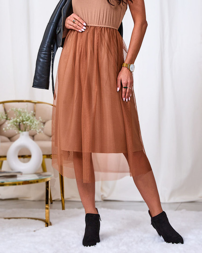 Royalfashion Light brown women's midi dress with tulle