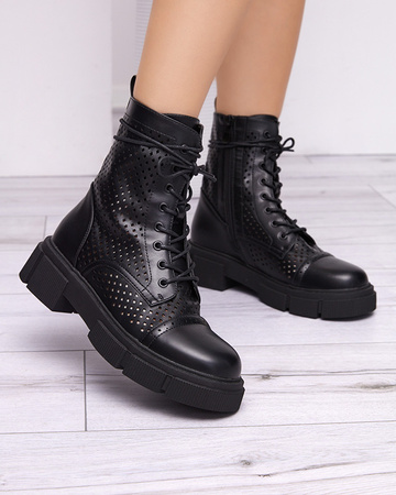 Women's black openwork ankle boots with a flat heel Rolika - Footwear