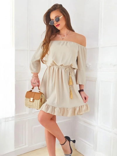 Royalfashion Women's mini dress off-the-shoulder with long sleeves and rhinestones