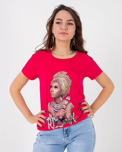 Fuchsia women's t-shirt with colorful print and sequins - Clothing