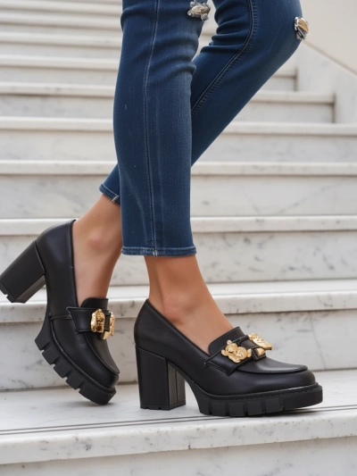 Sandale Dame Athina me Take të Trashë nga Lëkura Eko në Ngjyrë të Zezë