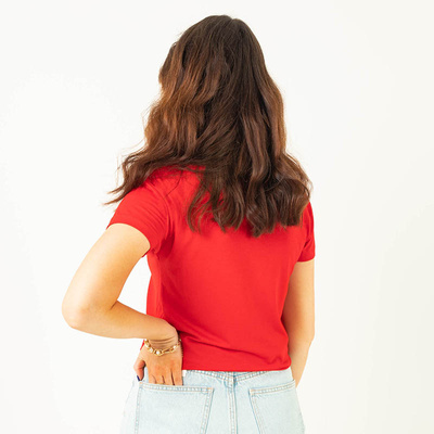 Red ladies t-shirt with sequin lettering - Clothing