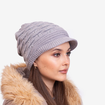 Gray women's warm beanie with pearls - Accessories