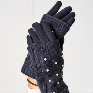 Women's navy blue mittens with pearls - Gloves