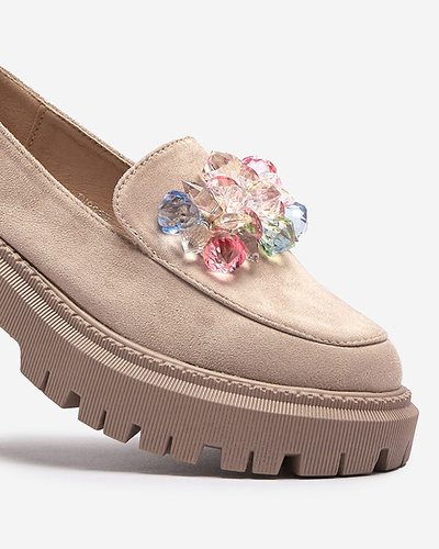 Light brown women's moccasins with colorful beads Hetika - Footwear