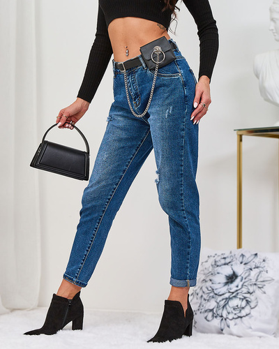 Royalfashion Blue women's mom jeans with belt and pouch