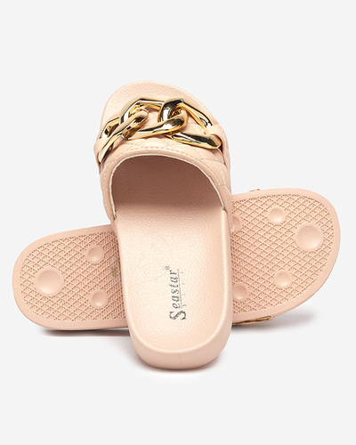 Royalfashion Beige women's quilted flip-flops with gold chain Eteris