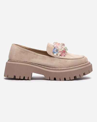 Light brown women's moccasins with colorful beads Hetika - Footwear