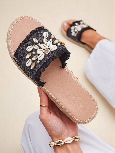 Sandały damskie Royalfashion Helena Decor czarne espadryle mit mushelkami