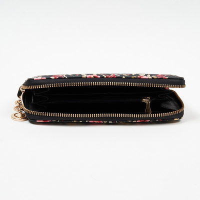 Large black and red women's wallet with a floral pattern - Accessories