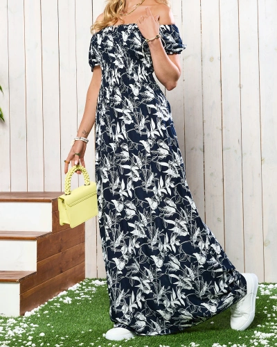 Navy blue and white women's maxi dress with print- Clothing