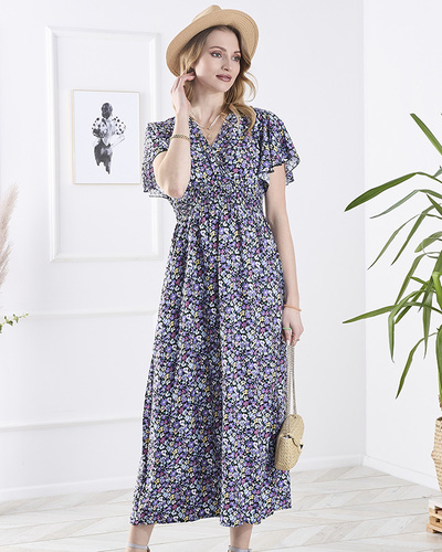 Women's black long dress with purple flowers - Clothing