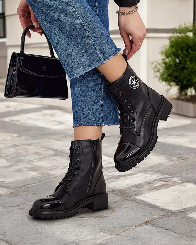 Женские ботинки Vemis из экокожи Royalfashion. Женские ботинки - это уникальная обувь, сочетающая в себе стиль и комфорт. Изготовлены из веганской кожи с мягкими подкладками. Модель имеет лаковый носок. Толстая подошва добавляет комфорта этой обуви. 87654