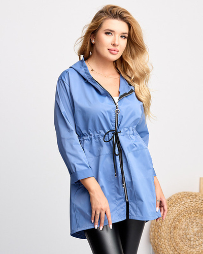 Women's Blue Long Tied Waist Windbreaker Jacket - Clothing