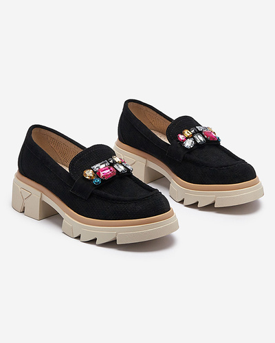 Black openwork women's moccasins with Bokkso decoration- Footwear