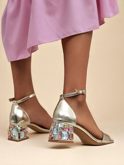 Elektra Aurelia – gold sandals on a block heel with colorful crystals 5.5 cm