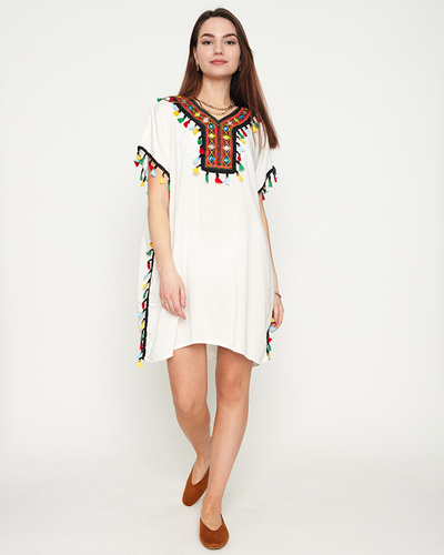 Women's white summer beach tunic with fringes - Clothing